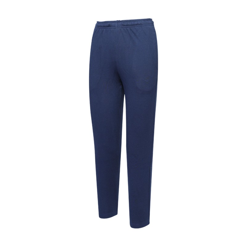 Front view of a pair of dark navy blue unisex knit summer trousers, a versatile summer wear staple 0