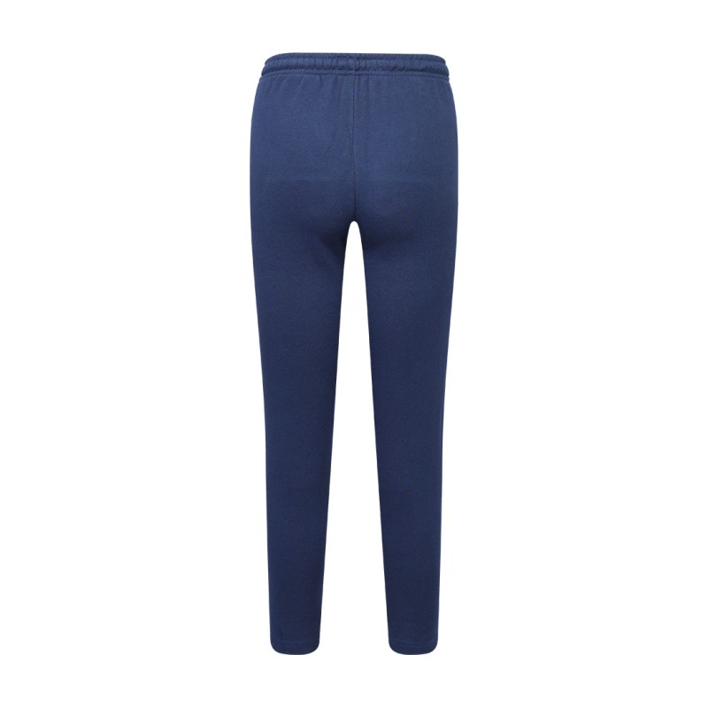 Front view of a pair of dark navy blue unisex knit summer trousers, a versatile summer wear staple 1
