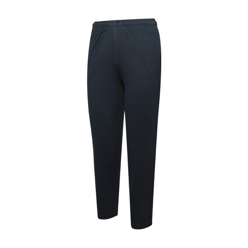 Front view of a pair of dark navy blue unisex knit summer trousers, a versatile summer wear staple 2