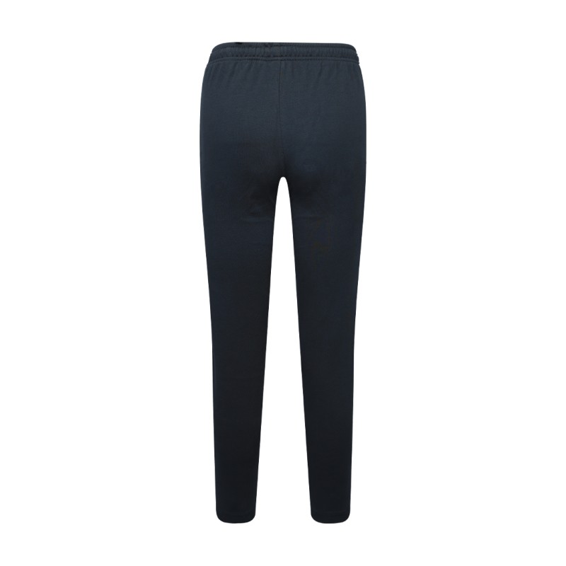 Front view of a pair of dark navy blue unisex knit summer trousers, a versatile summer wear staple 3