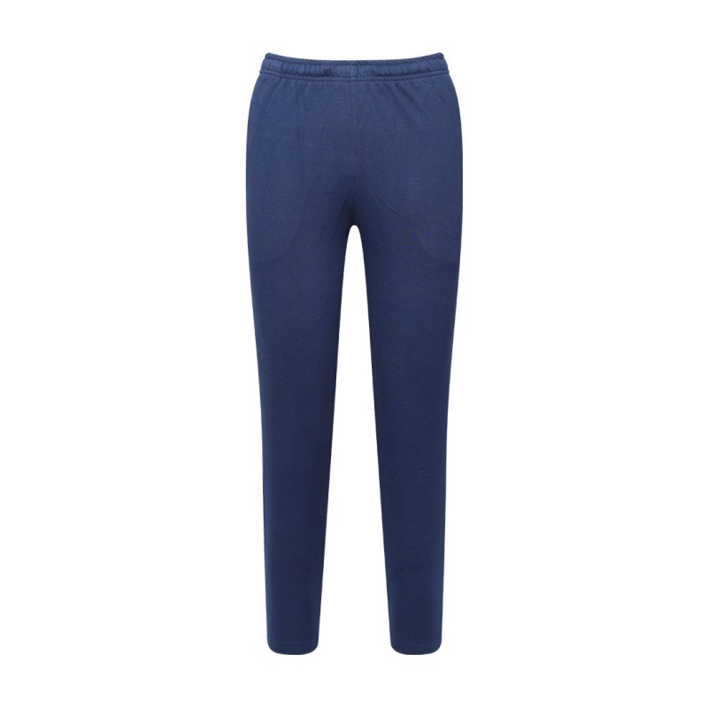 Front view of a pair of dark navy blue unisex knit summer trousers, a versatile summer wear staple