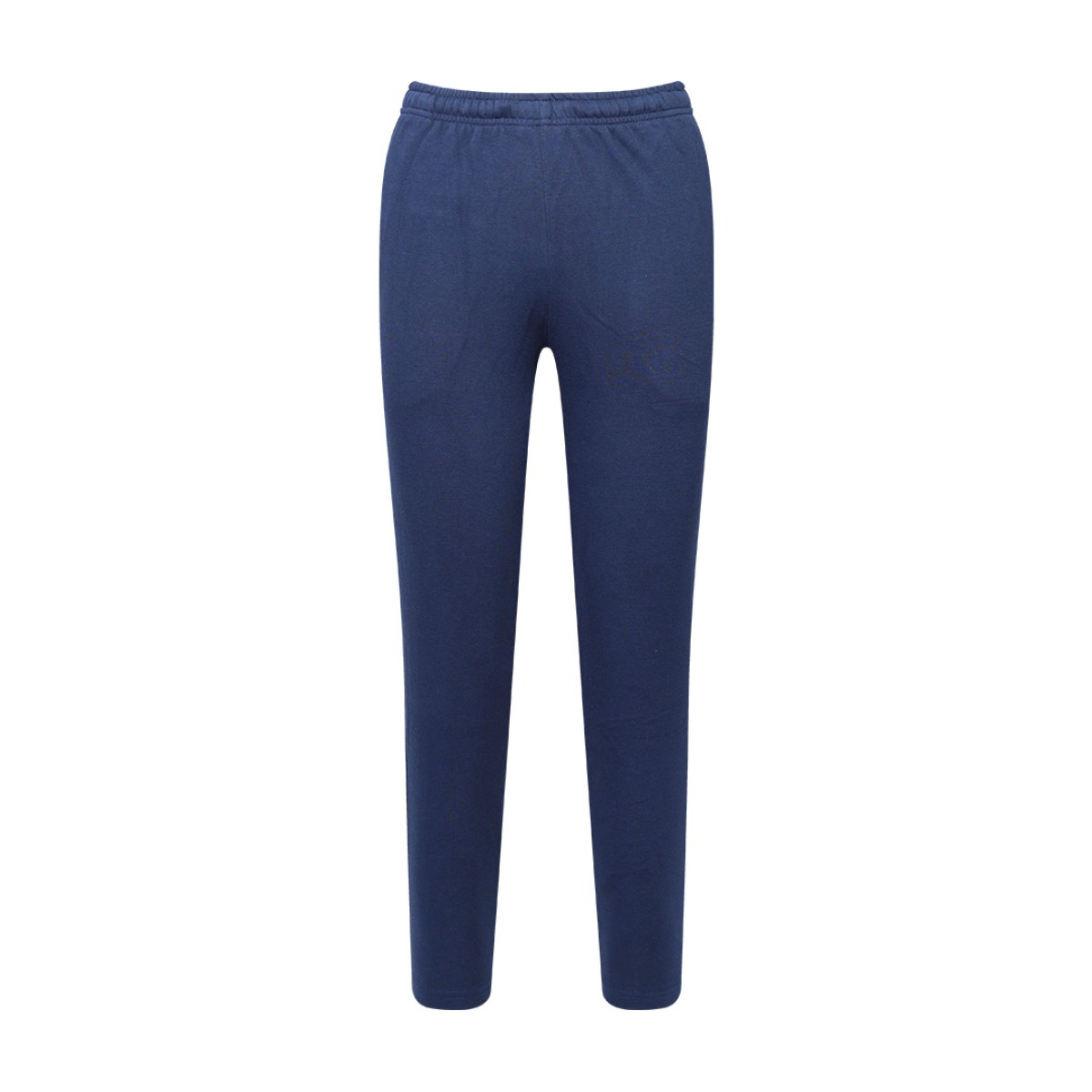 Front view of a pair of dark navy blue unisex knit summer trousers, a versatile summer wear staple 0