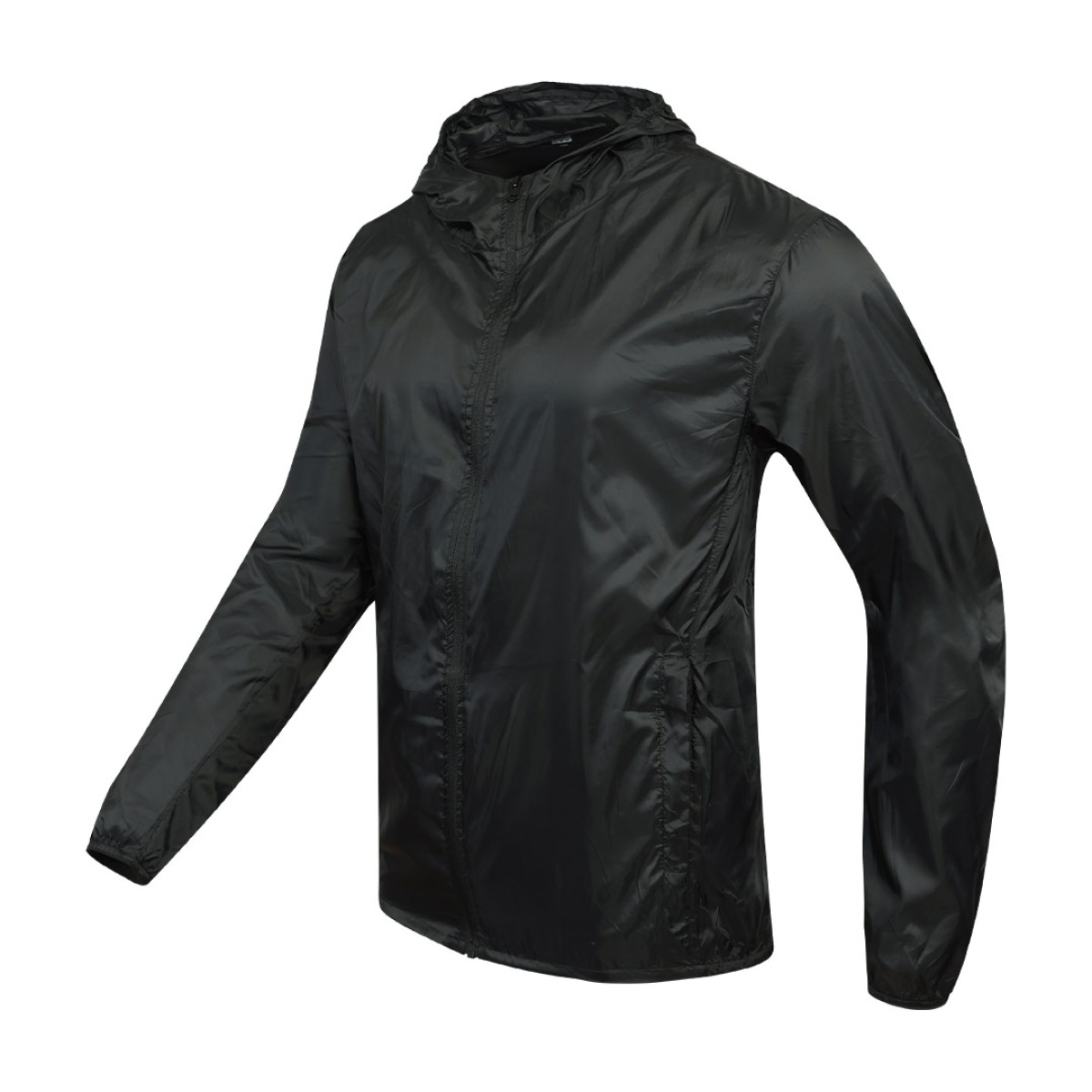 A front view of a solid black Unisex Windcheater Jacket. This zip-up lightweight windbreaker jacket features a protective hood and long sleeves, making it an ideal outer layer for breezy summer wear 0
