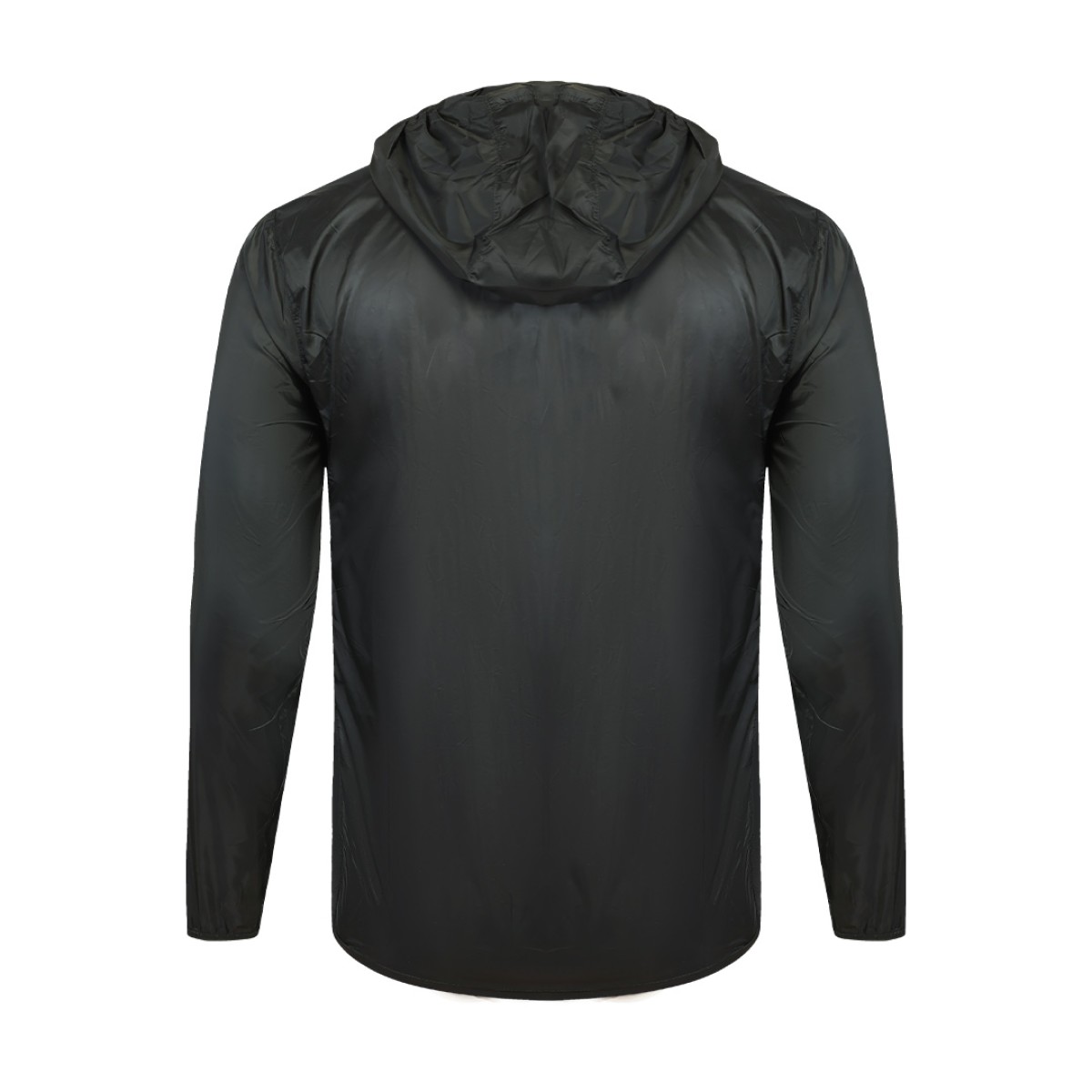 A front view of a solid black Unisex Windcheater Jacket. This zip-up lightweight windbreaker jacket features a protective hood and long sleeves, making it an ideal outer layer for breezy summer wear 1