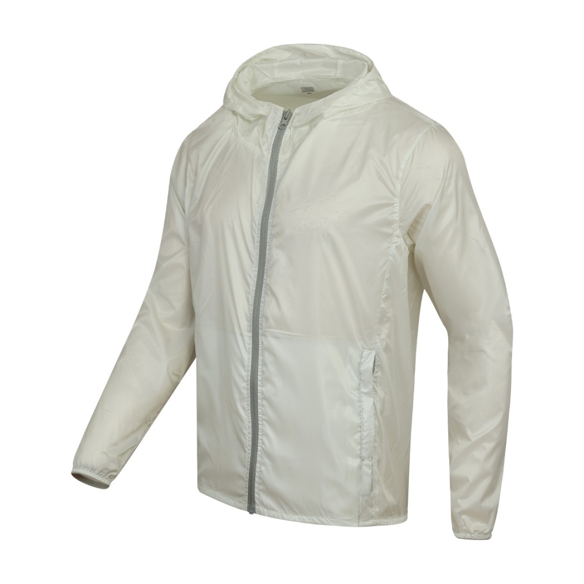 A front view of a solid black Unisex Windcheater Jacket. This zip-up lightweight windbreaker jacket features a protective hood and long sleeves, making it an ideal outer layer for breezy summer wear 2