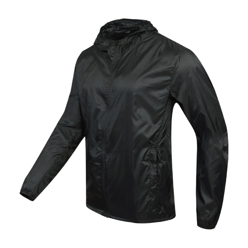 A front view of a solid black Unisex Windcheater Jacket. This zip-up lightweight windbreaker jacket features a protective hood and long sleeves, making it an ideal outer layer for breezy summer wear 0