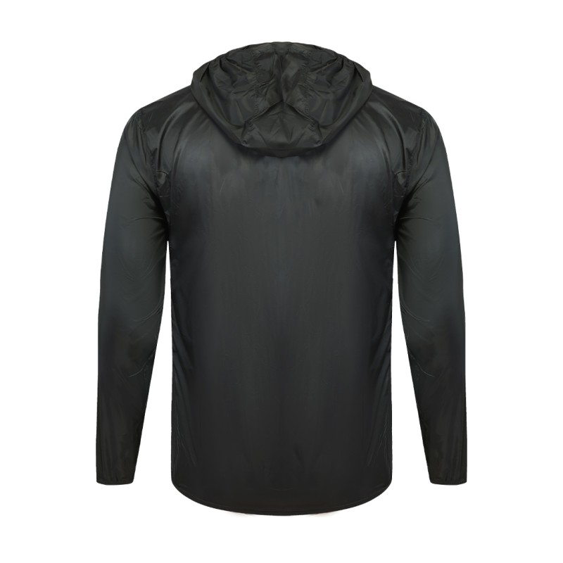 A front view of a solid black Unisex Windcheater Jacket. This zip-up lightweight windbreaker jacket features a protective hood and long sleeves, making it an ideal outer layer for breezy summer wear 1
