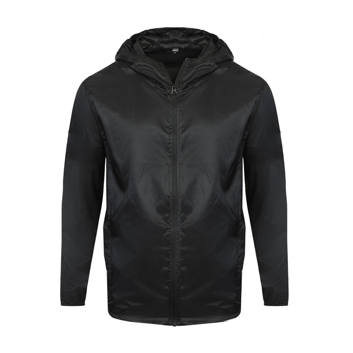 A front view of a solid black Unisex Windcheater Jacket. This zip-up lightweight windbreaker jacket features a protective hood and long sleeves, making it an ideal outer layer for breezy summer wear 0