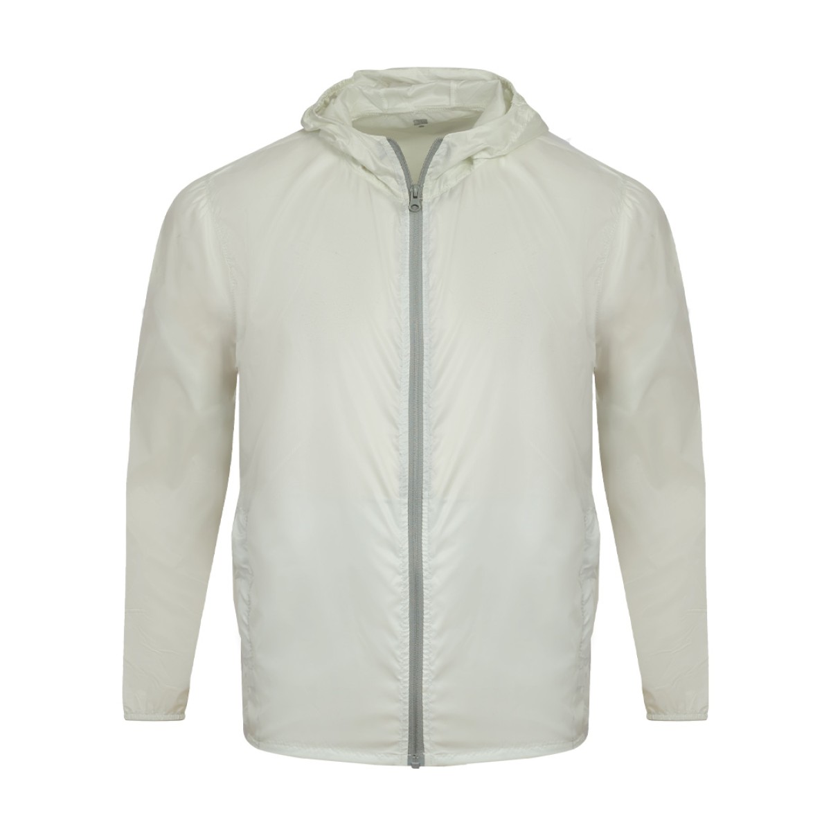 A front view of a solid black Unisex Windcheater Jacket. This zip-up lightweight windbreaker jacket features a protective hood and long sleeves, making it an ideal outer layer for breezy summer wear 1