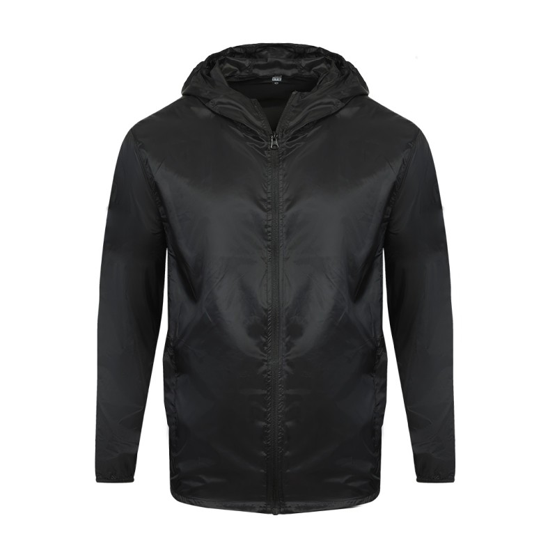 A front view of a solid black Unisex Windcheater Jacket. This zip-up lightweight windbreaker jacket features a protective hood and long sleeves, making it an ideal outer layer for breezy summer wear 0
