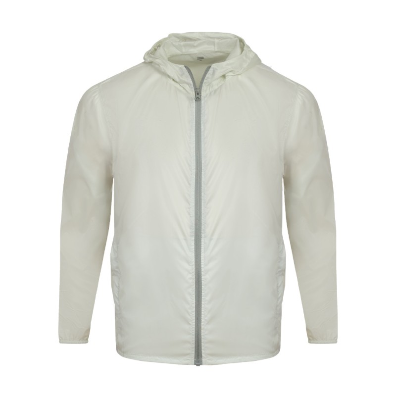 A front view of a solid black Unisex Windcheater Jacket. This zip-up lightweight windbreaker jacket features a protective hood and long sleeves, making it an ideal outer layer for breezy summer wear 1