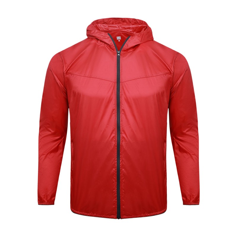 Front view of the red KTM CTY lightweight Unisex Summer Wear Windcheater, windbreaker Jacket with black zipper details, worn by a male model 2