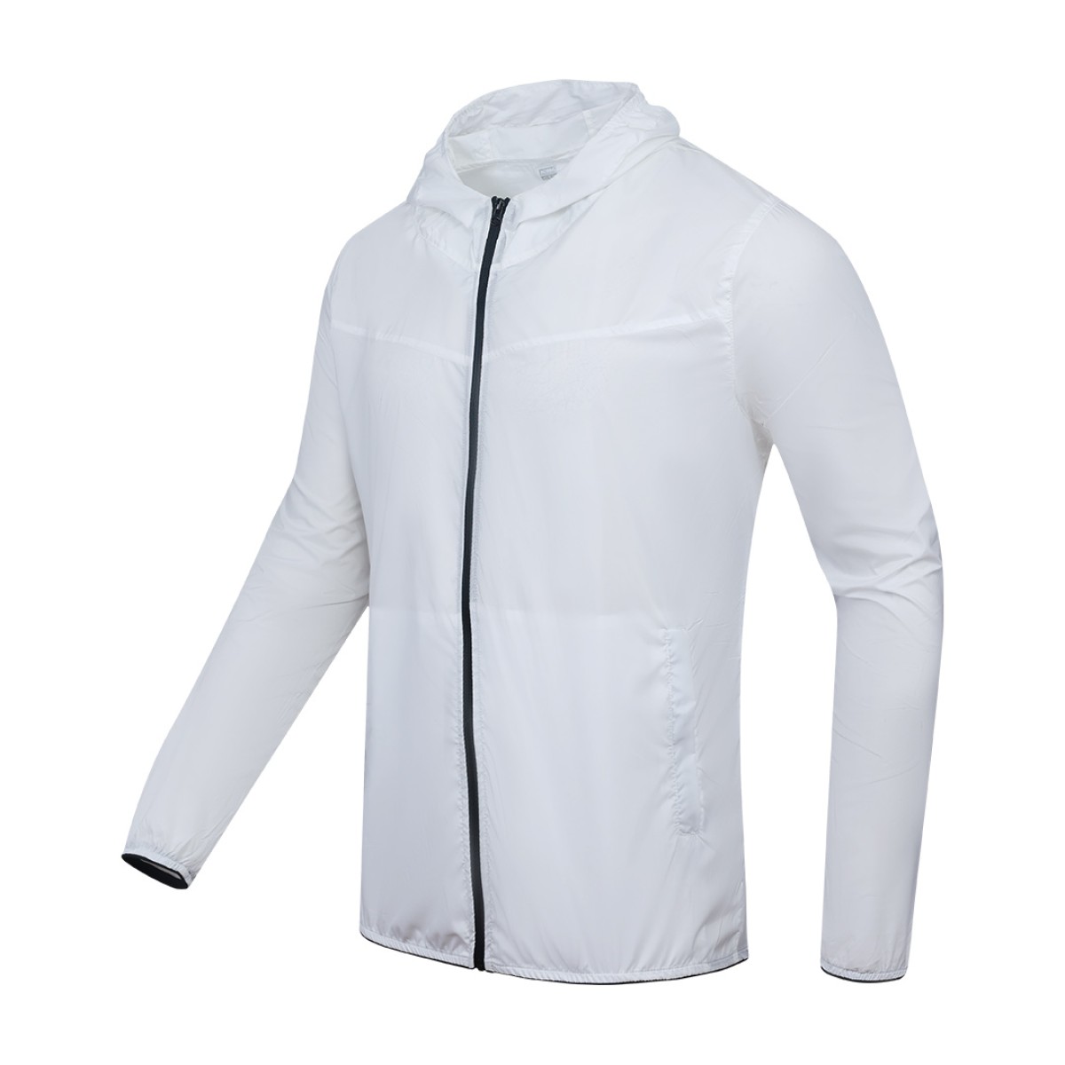 A male model adjusting the zipper of the lightweight, solid red Velocity Breeze Windcheater Jacket with hoodie, featuring a hood and a contrasting black front zipper 1