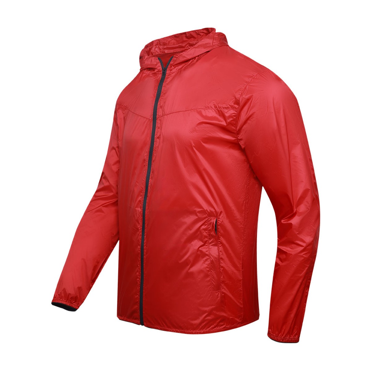 A male model adjusting the zipper of the lightweight, solid red Velocity Breeze Windcheater Jacket with hoodie, featuring a hood and a contrasting black front zipper 3