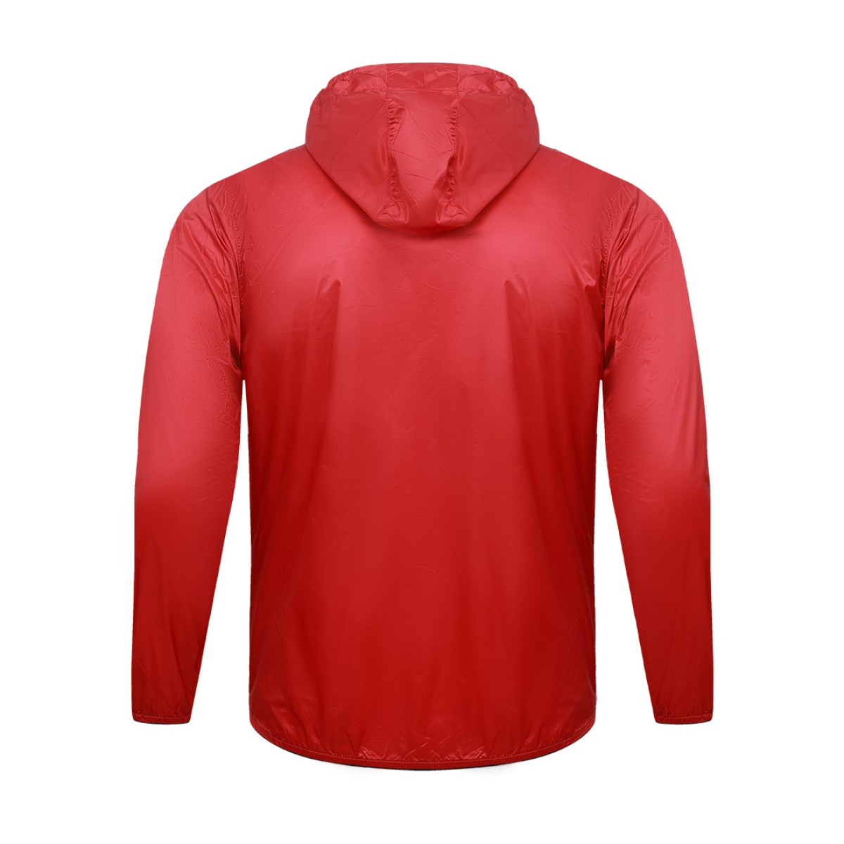 A male model adjusting the zipper of the lightweight, solid red Velocity Breeze Windcheater Jacket with hoodie, featuring a hood and a contrasting black front zipper 4