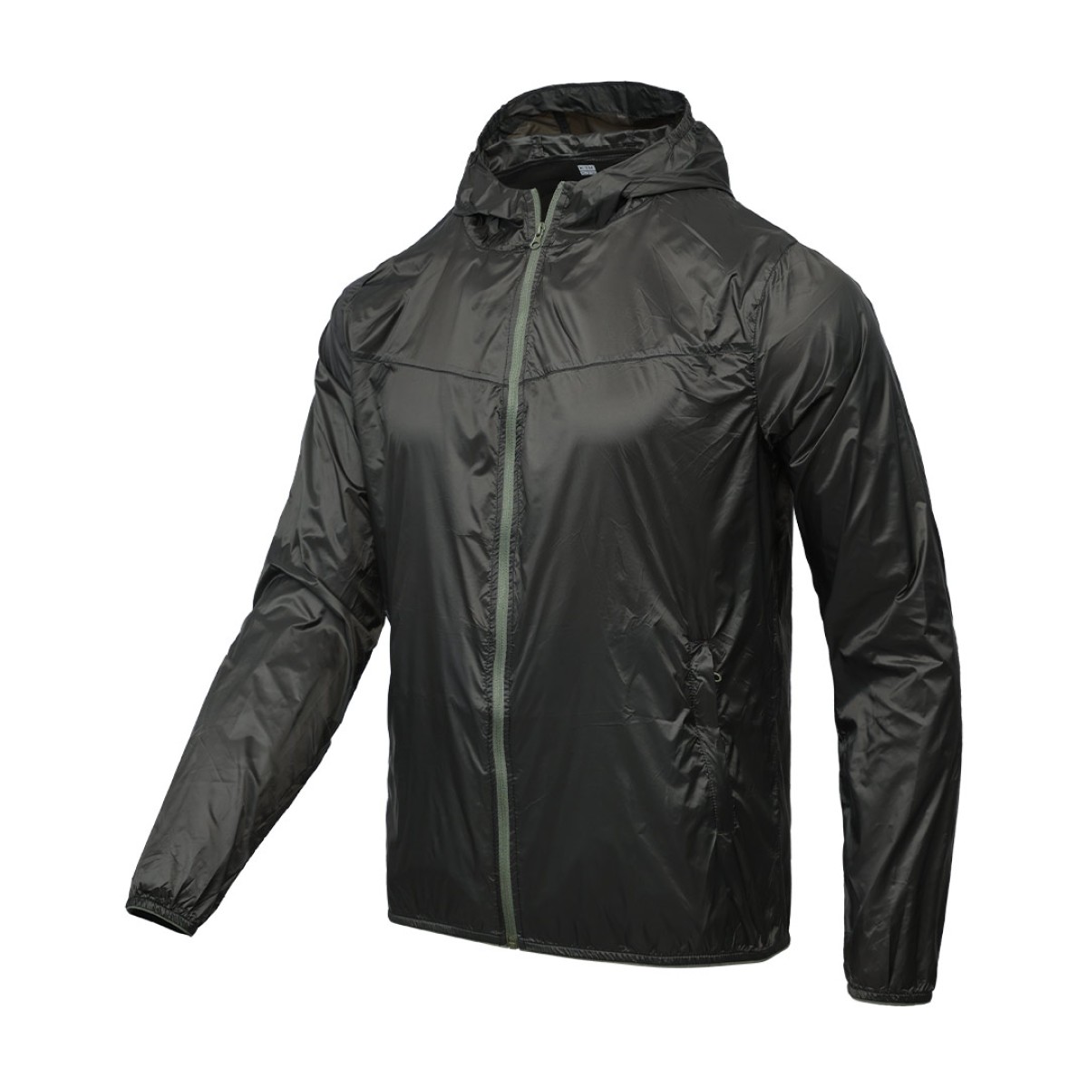 A male model adjusting the zipper of the lightweight, solid red Velocity Breeze Windcheater Jacket with hoodie, featuring a hood and a contrasting black front zipper 6