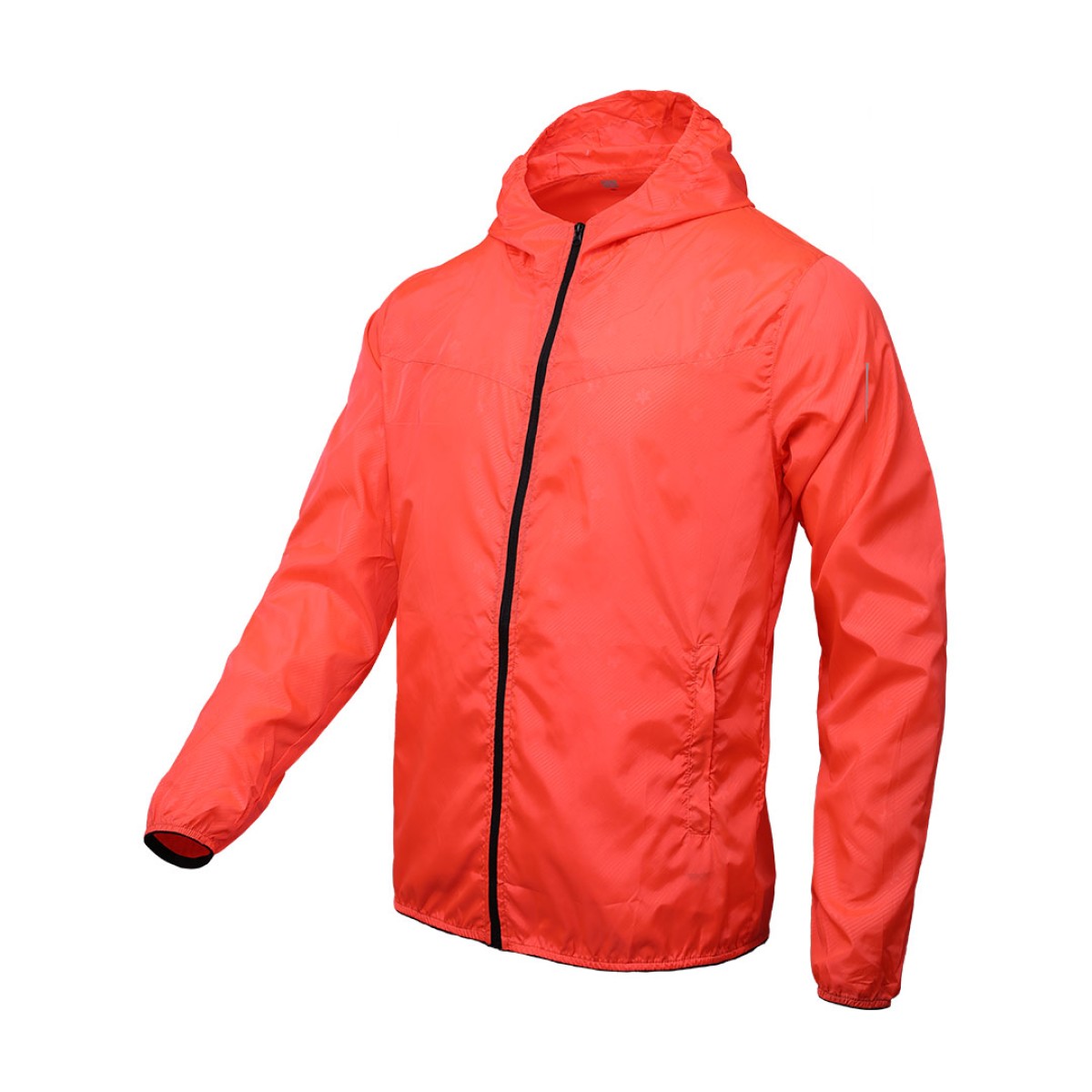 A male model adjusting the zipper of the lightweight, solid red Velocity Breeze Windcheater Jacket with hoodie, featuring a hood and a contrasting black front zipper 8
