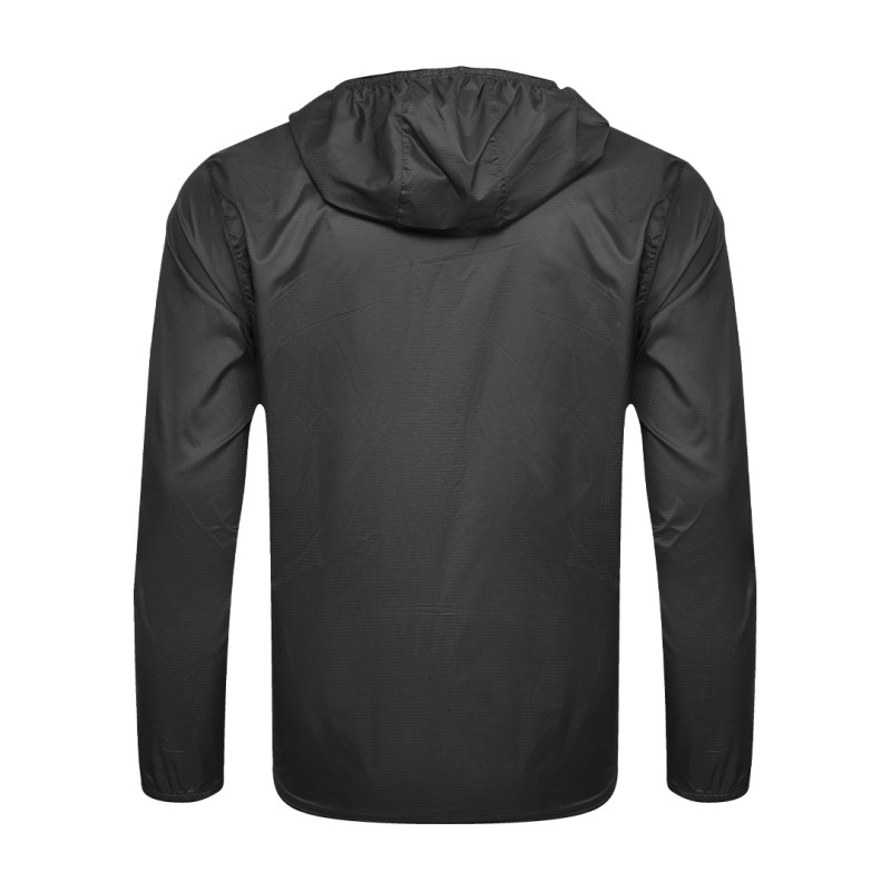 A male model adjusting the zipper of the lightweight, solid red Velocity Breeze Windcheater Jacket with hoodie, featuring a hood and a contrasting black front zipper 0