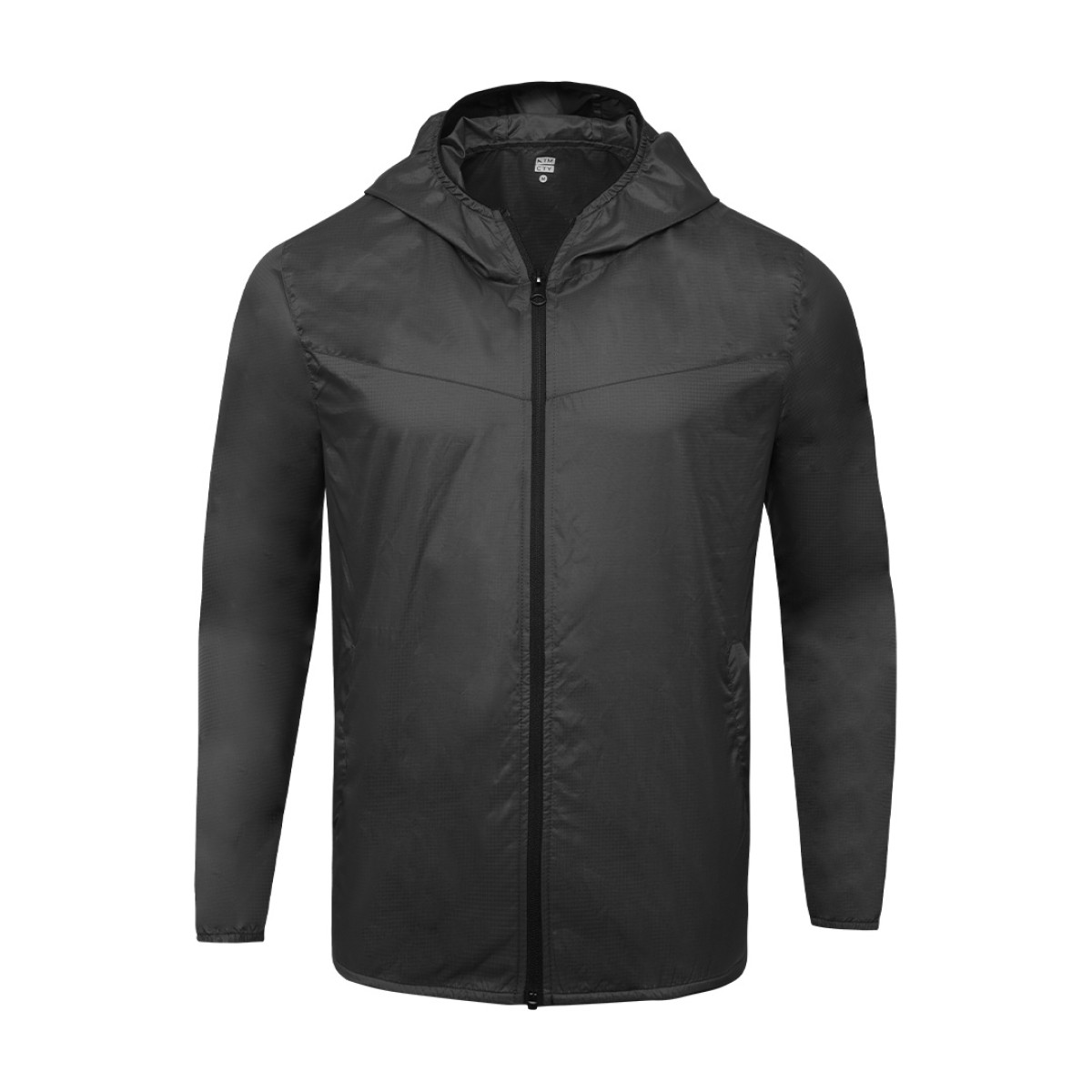 A male model adjusting the zipper of the lightweight, solid red Velocity Breeze Windcheater Jacket with hoodie, featuring a hood and a contrasting black front zipper 0