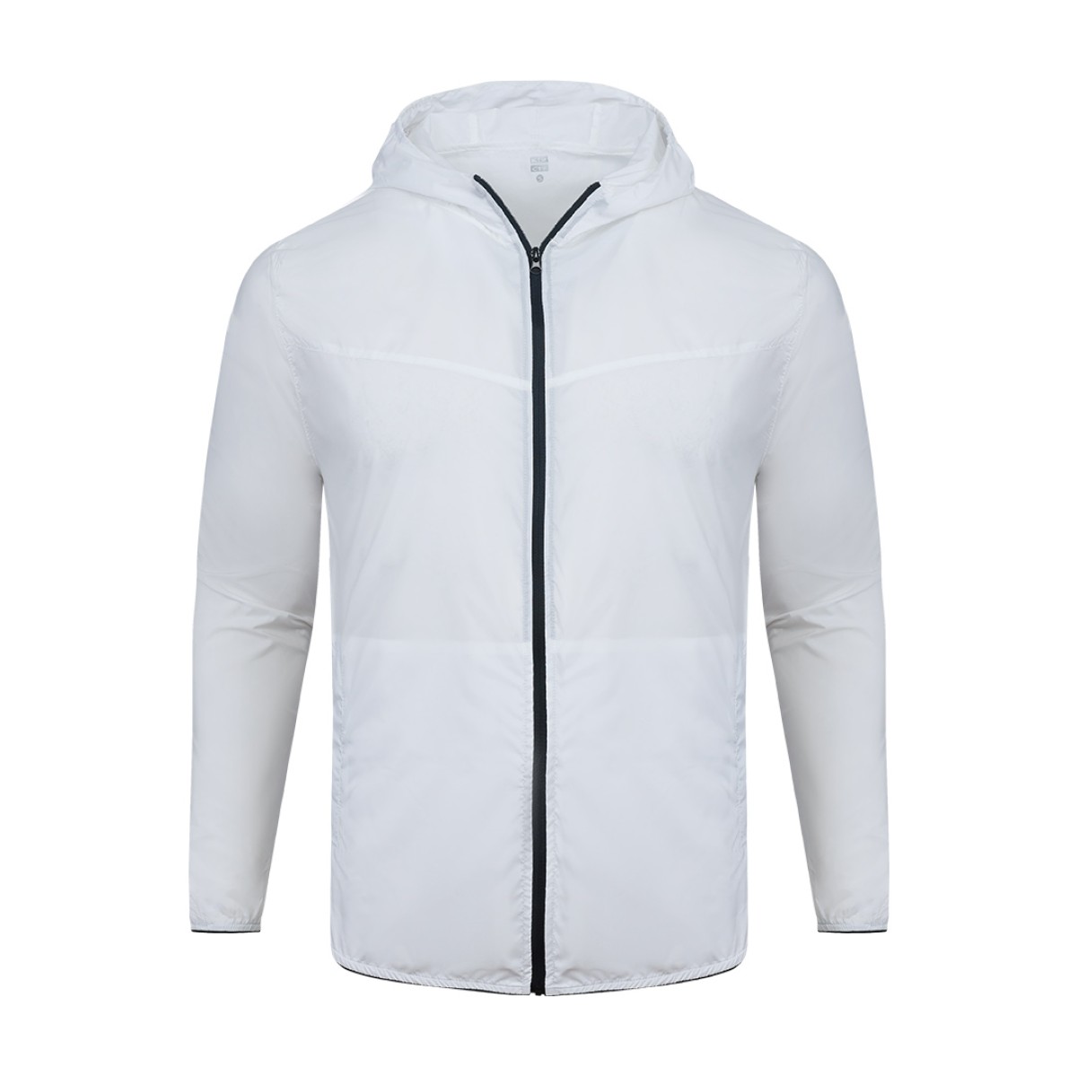 A male model adjusting the zipper of the lightweight, solid red Velocity Breeze Windcheater Jacket with hoodie, featuring a hood and a contrasting black front zipper 1