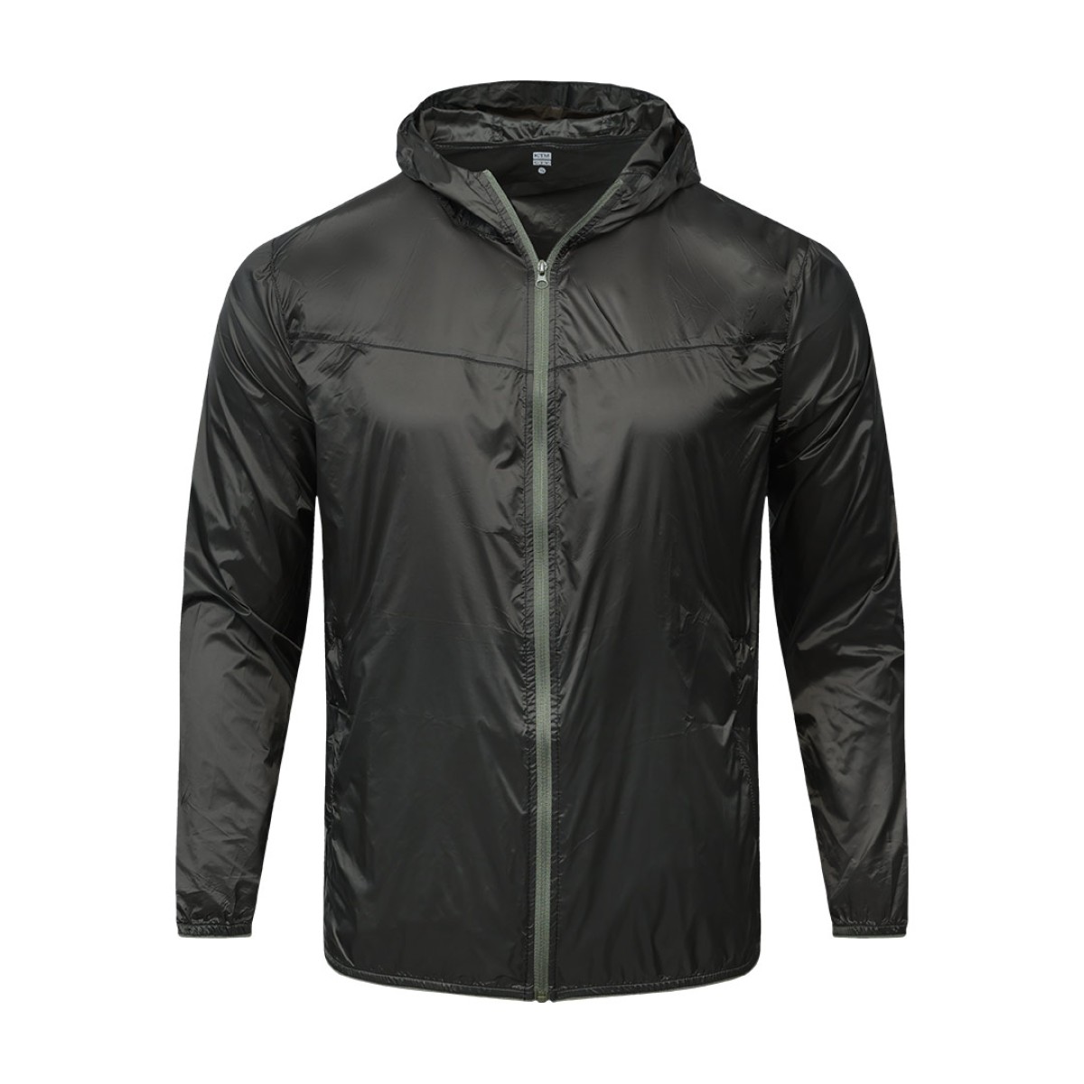 A male model adjusting the zipper of the lightweight, solid red Velocity Breeze Windcheater Jacket with hoodie, featuring a hood and a contrasting black front zipper 3