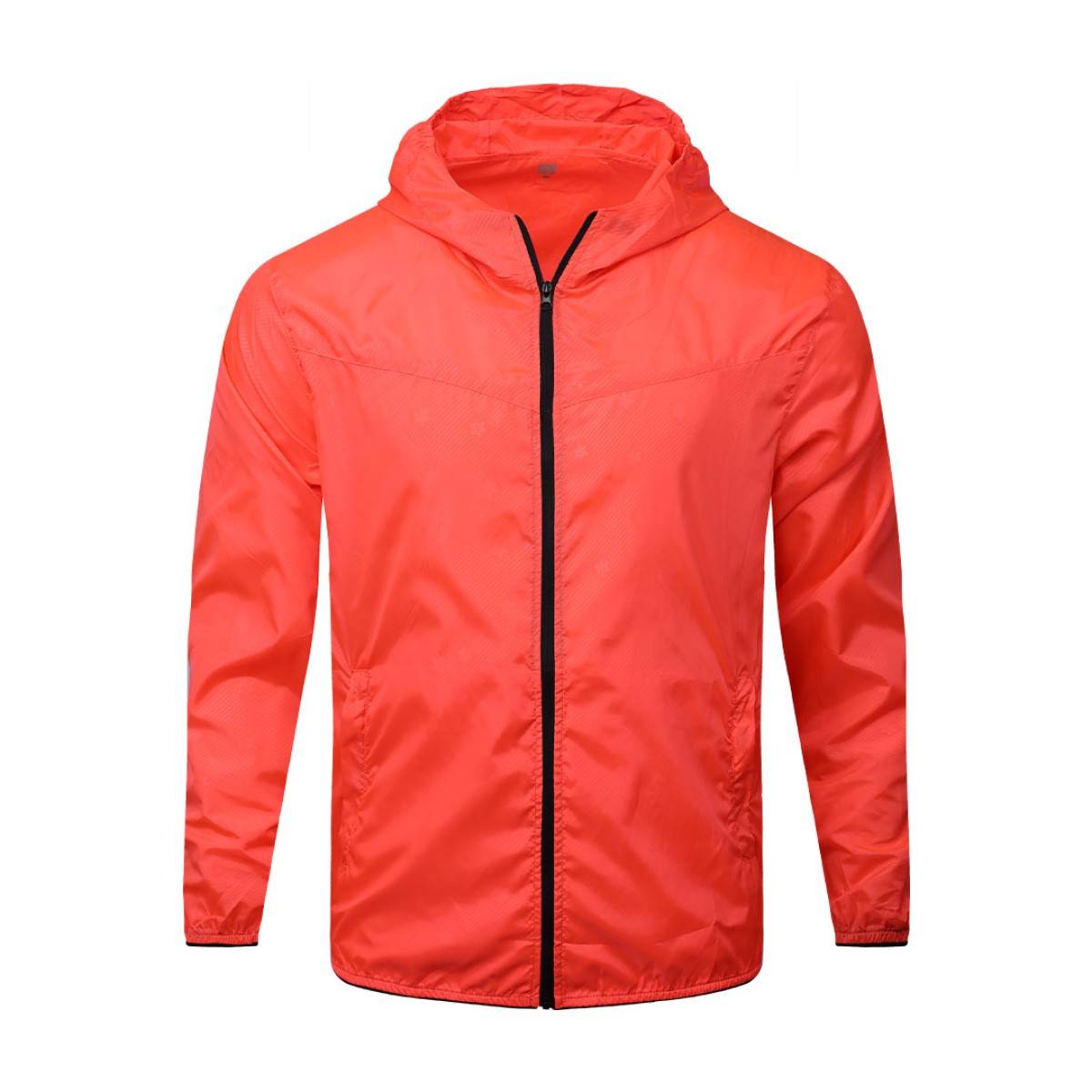 A male model adjusting the zipper of the lightweight, solid red Velocity Breeze Windcheater Jacket with hoodie, featuring a hood and a contrasting black front zipper 4
